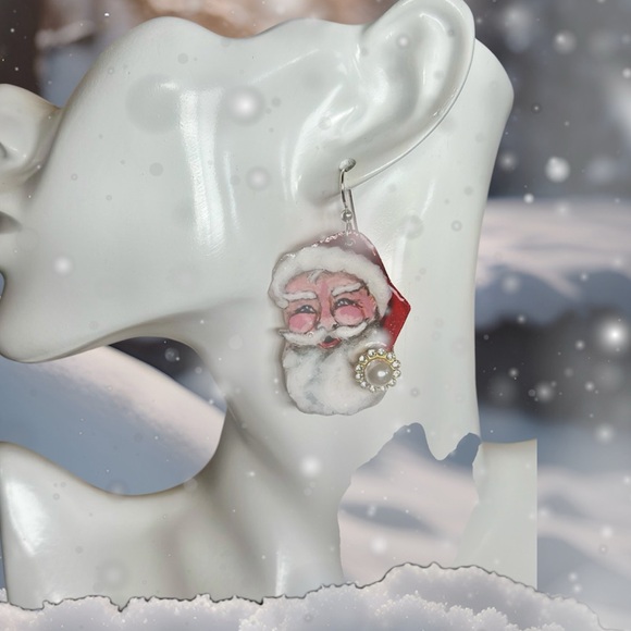 Handpainted Santa Claus Christmas Holiday earrings lightweight OOAK - Picture 4 of 5